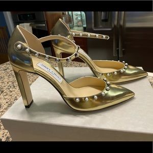 Jimmy Choo Leema 100 Pumps Smooth Gold w/ Pearl